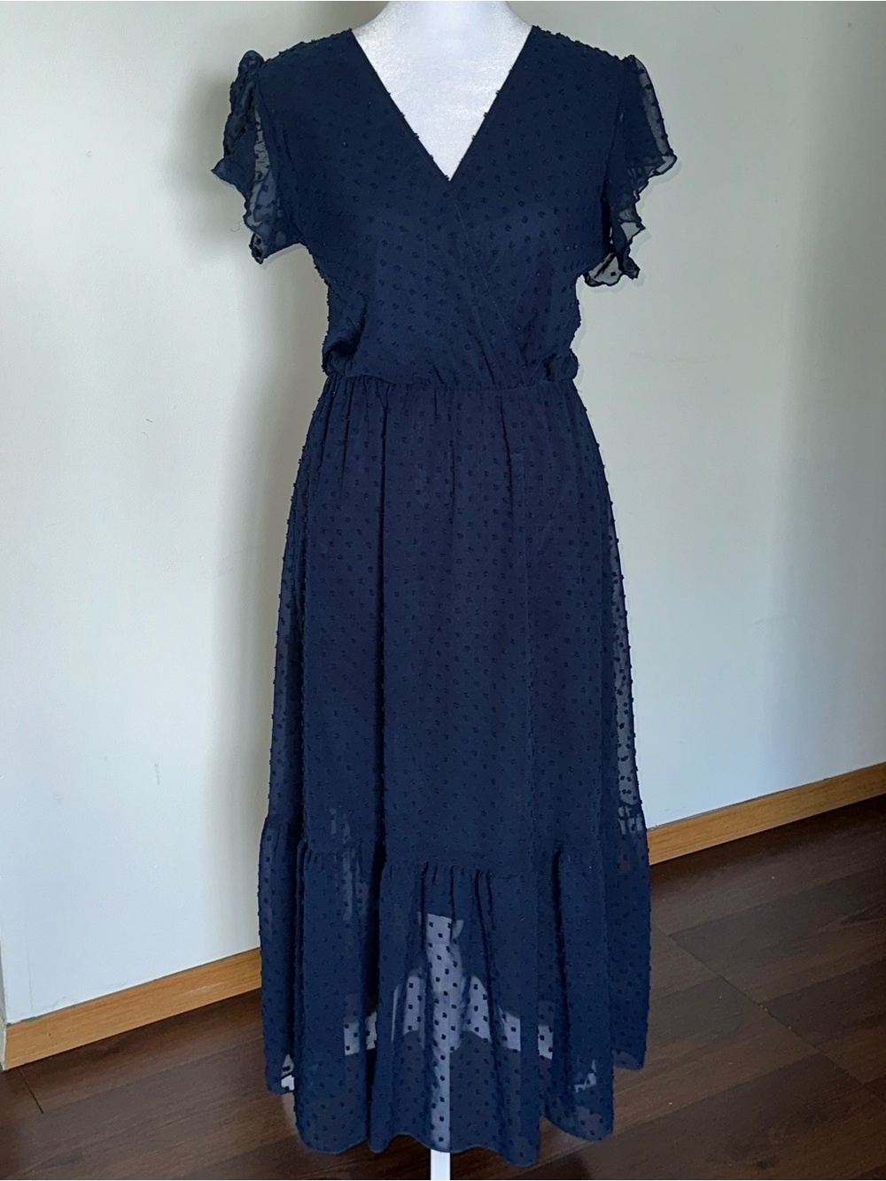 Elegant Navy Blue Formal Essential Chic Maxi Dress with Flutter Sleeves-Women’s